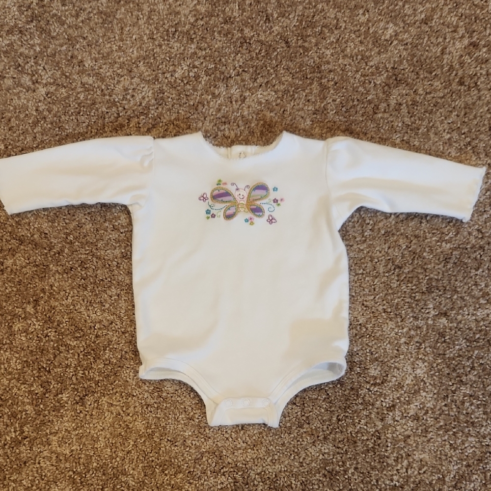 Okie Dokie White Long-Sleeve Baby Onesie with Butterfly Design